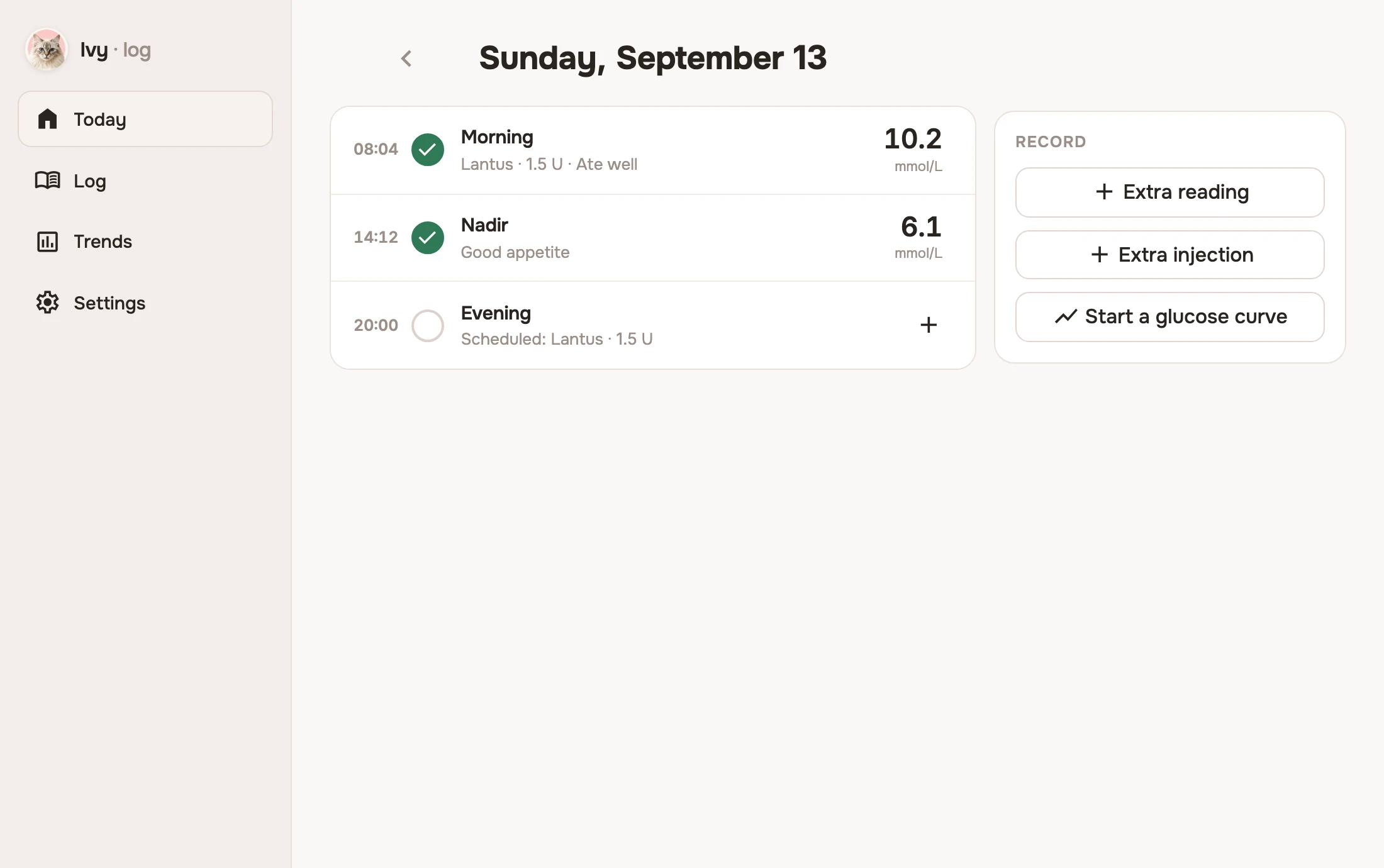 GlucoPet Today screen showing a morning glucose reading and insulin dose, a nadir reading, and an empty evening slot